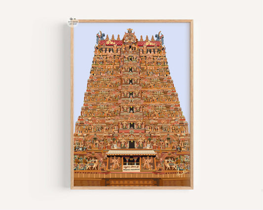 Hand-illustrated Madurai Meenakshi Temple gopuram wall art print with vibrant details