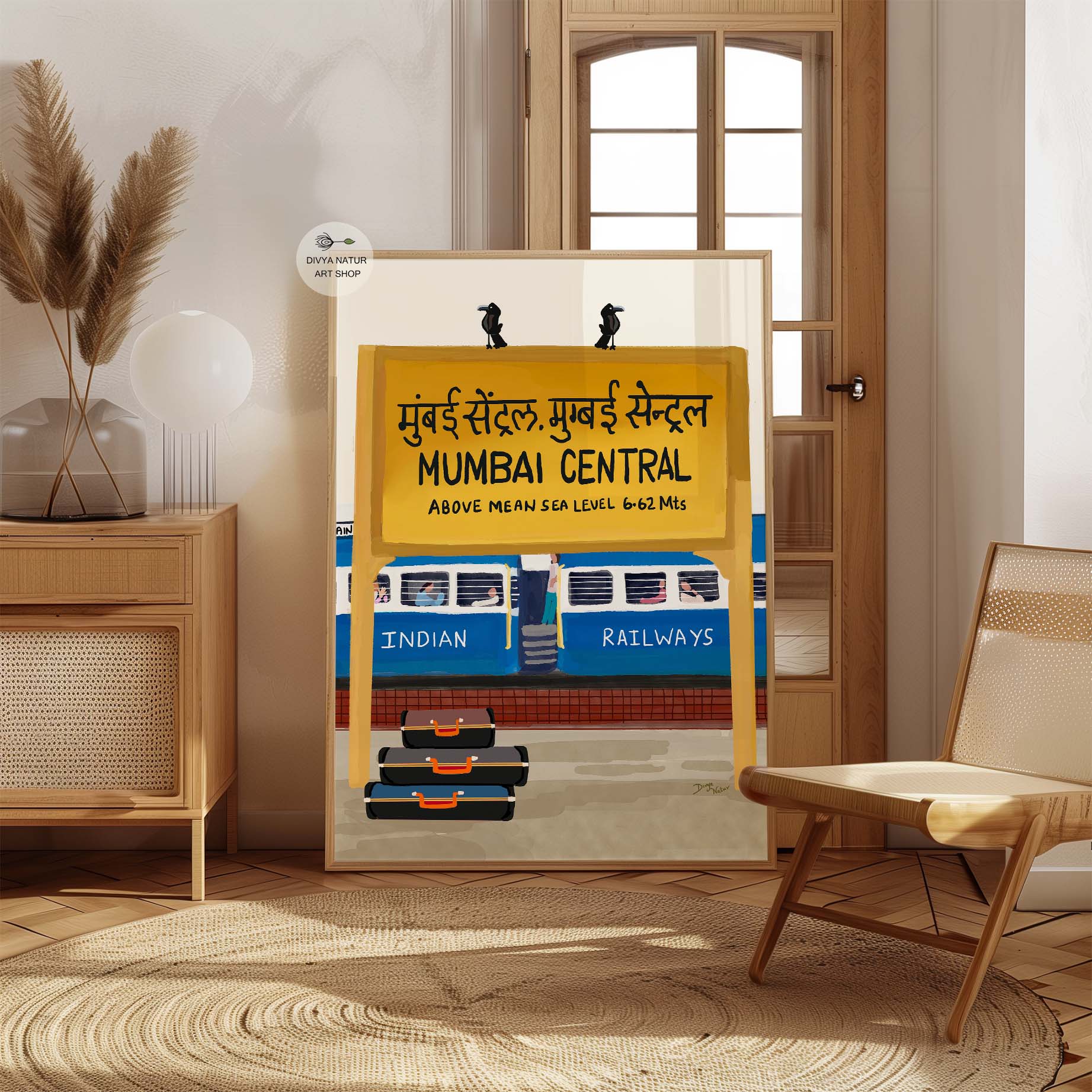 Vibrant Mumbai Central station artwork, evoking the charm of Indian train journeys.