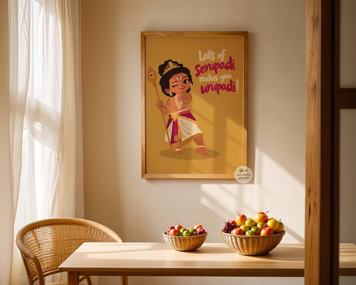 Funny Tamil wall art painting featuring cute Baby Murugan wearing traditional veshti and holding Lord Murugan's Vel