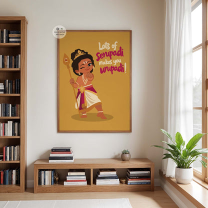 Tamil humor wall art featuring illustrated Baby Muruga with sacred ash markings, Vel and traditional South Indian clothing