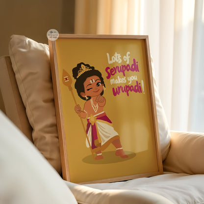 South Indian wall art of young Lord Murugan with funny Tamil-English quote in a colorful contemporary illustration style