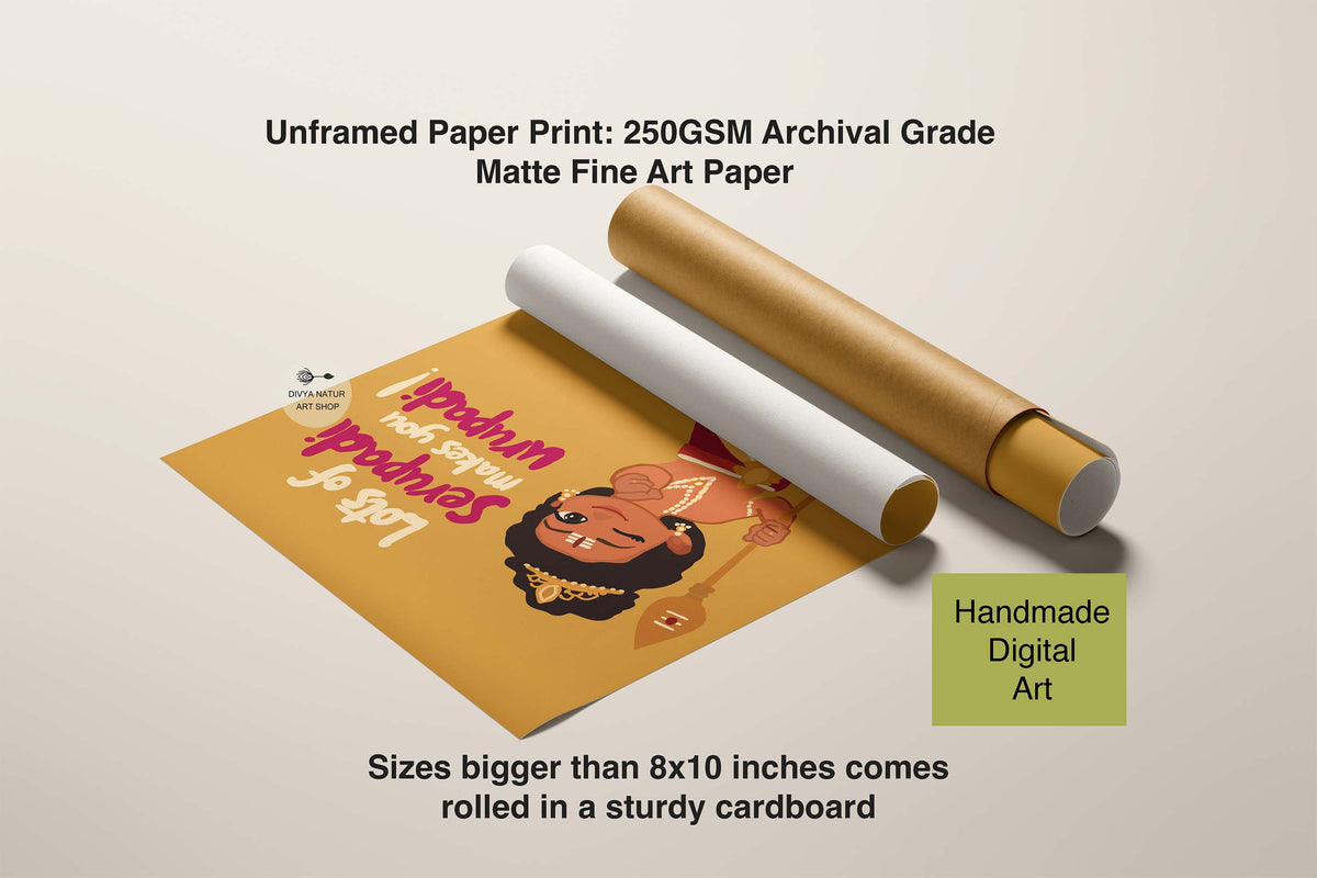 Modern Tamil home decor art featuring cute Baby Murugan illustration on warm mustard background with funny cultural quote