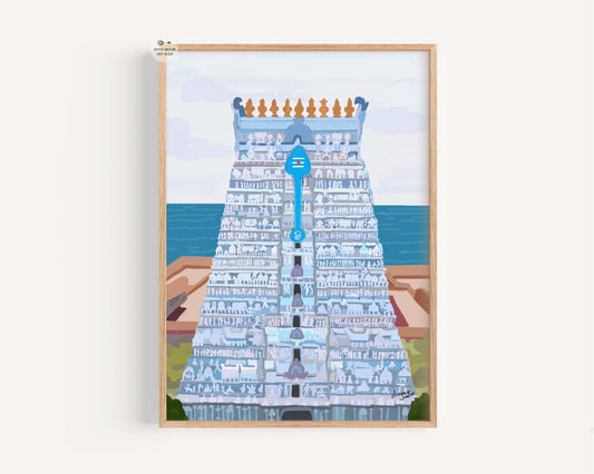 Hindu temple gopuram painting of Lord Murugan Tiruchendur in fine art wall print