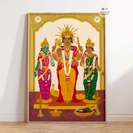 Premium Lord Murugan art print with Valli and Deivayanai in Tamil arch style
