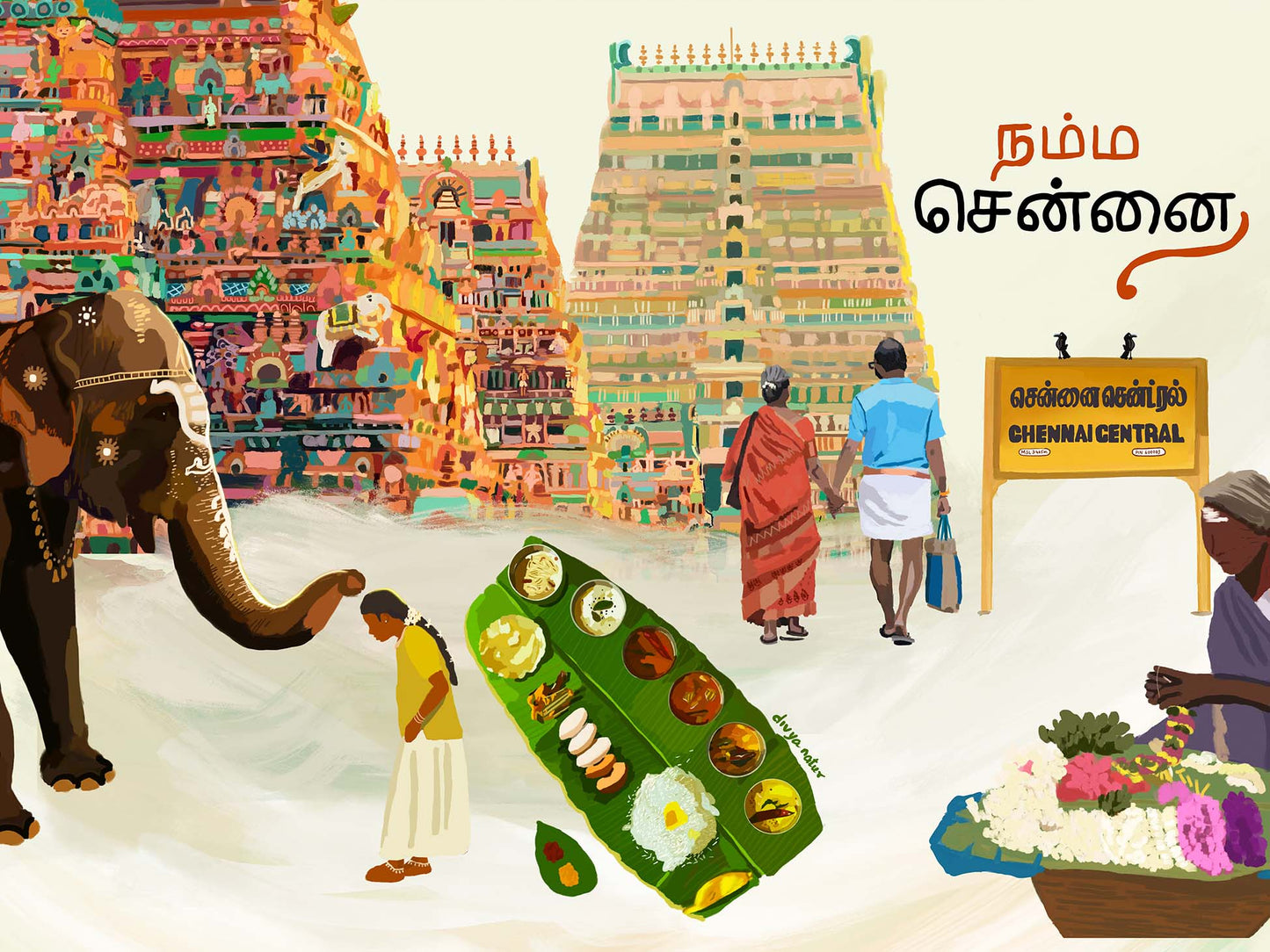 Cultural Chennai artwork with banana-leaf thali, temple architecture, and nostalgic city details in rich color.