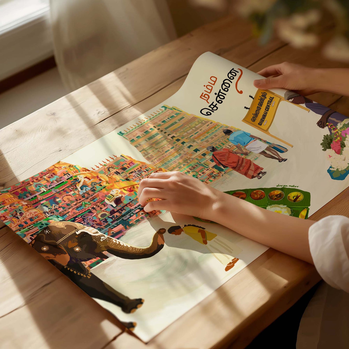 Tamil home decor print of Chennai with devotional elephant, flower vendor, and iconic Chennai Central board.