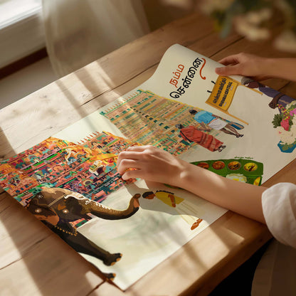 Tamil home decor print of Chennai with devotional elephant, flower vendor, and iconic Chennai Central board.