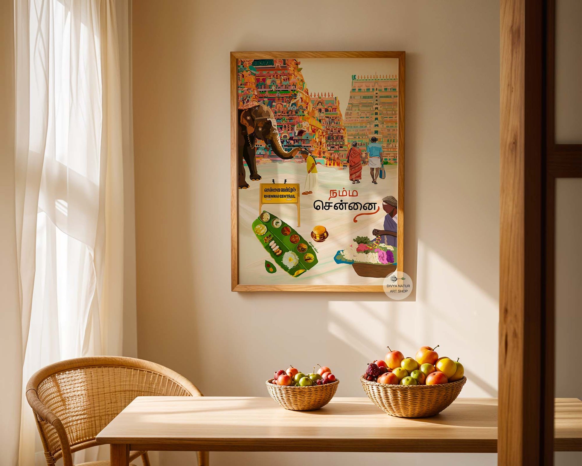 Fine art print with temple gopurams, banana-leaf meal, and iconic Chennai landmarks.