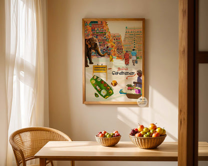 Fine art print with temple gopurams, banana-leaf meal, and iconic Chennai landmarks.