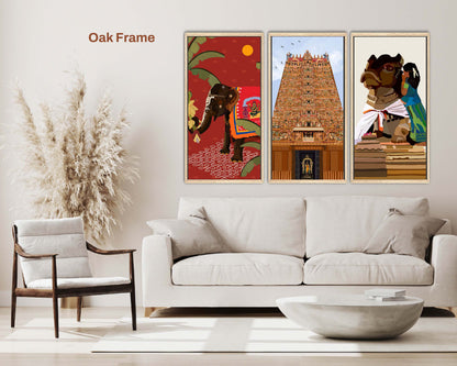 Indian temple wall art showing detailed gopuram, elephant with kolam, and girl whispering to Nandi.