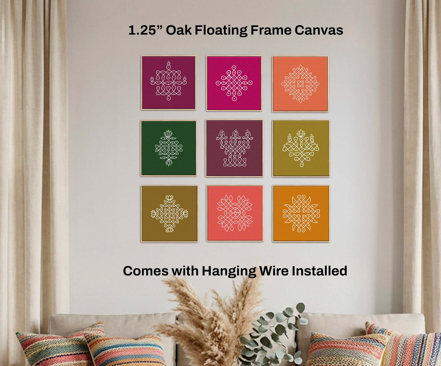 Traditional Indian kolam pattern artwork set bringing vibrant rangoli inspired geometric wall decor to homes