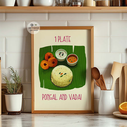 Artistic depiction of Pongal, Vadai, and coconut chutney.
