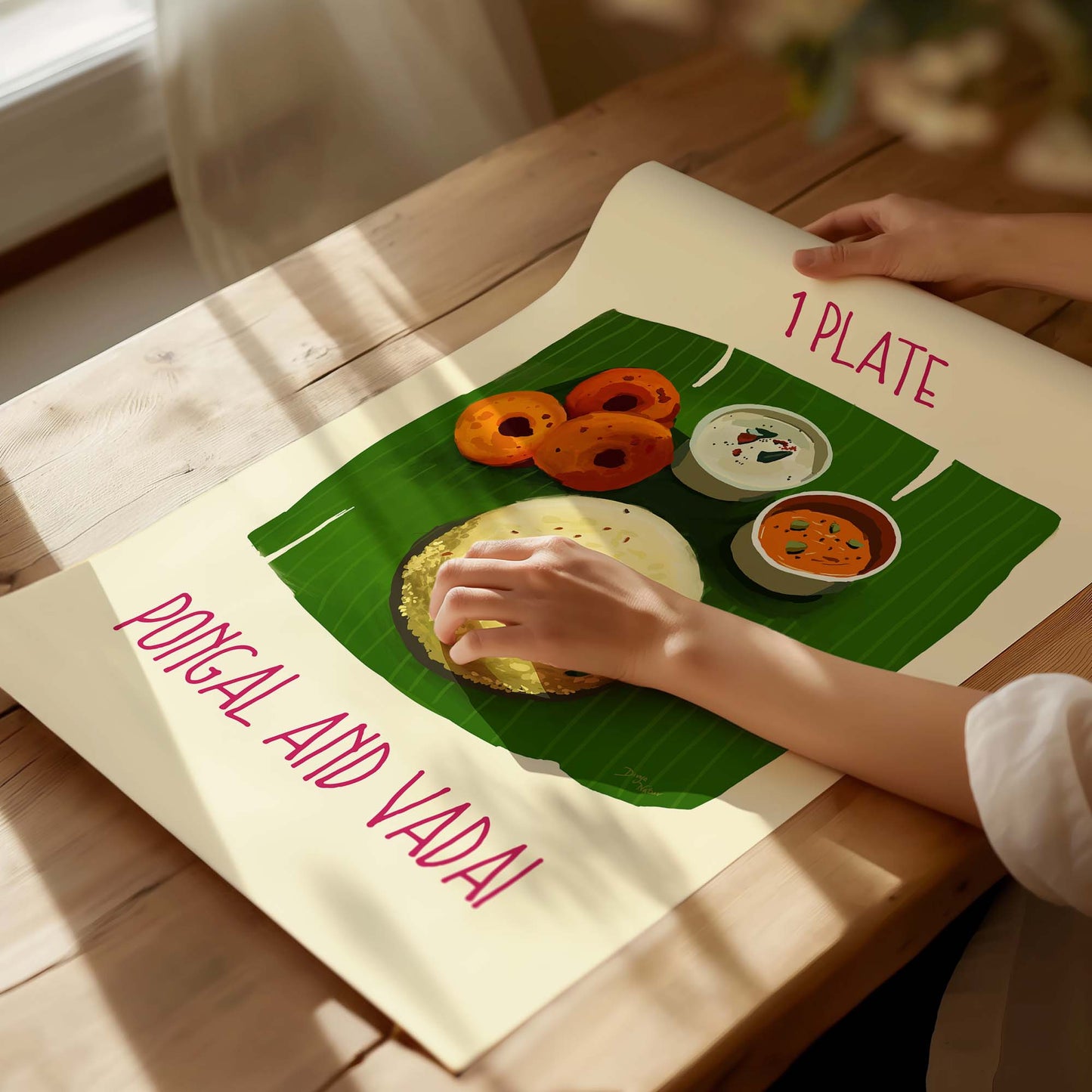Vibrant painting of Pongal and Vadai on a traditional Indian banana leaf.