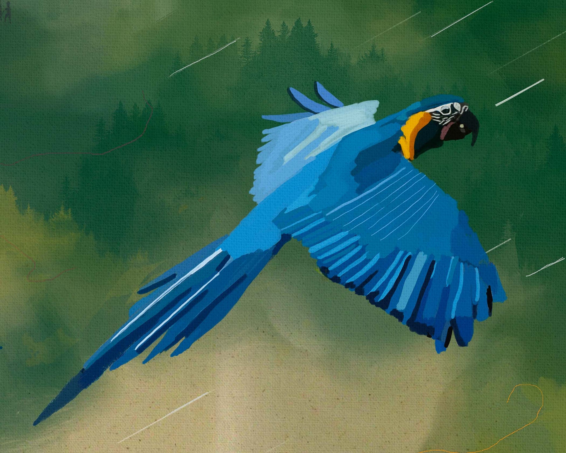 Digital artwork of a parrot soaring into a storm, capturing bravery in the face of adversity.