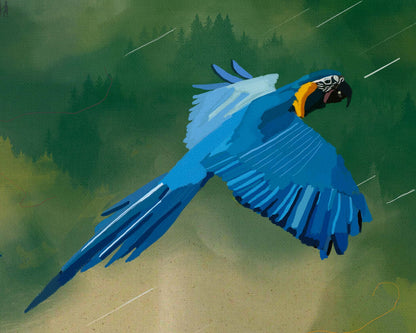 Digital artwork of a parrot soaring into a storm, capturing bravery in the face of adversity.