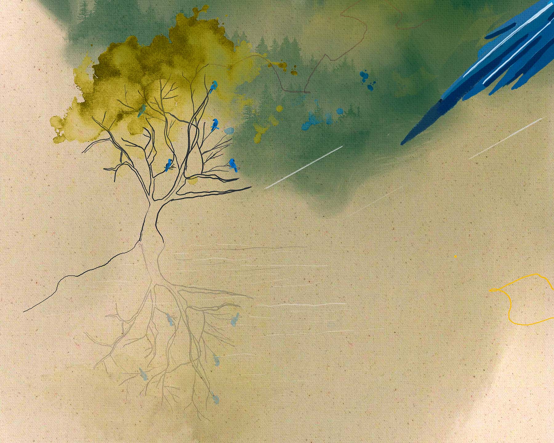 Forest-inspired digital art of a parrot facing a storm, highlighting bravery and resilience.