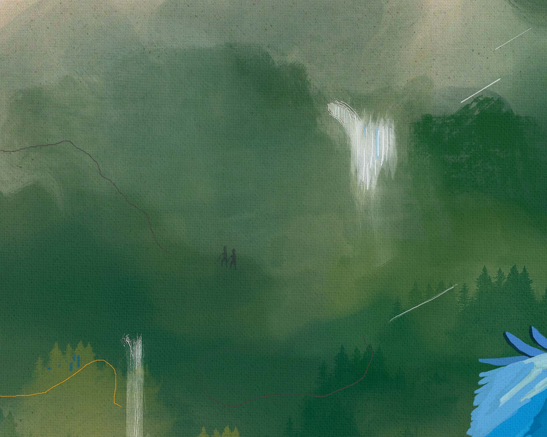 Oil and acrylic digital painting of a parrot flying into a storm, symbolizing inner strength.