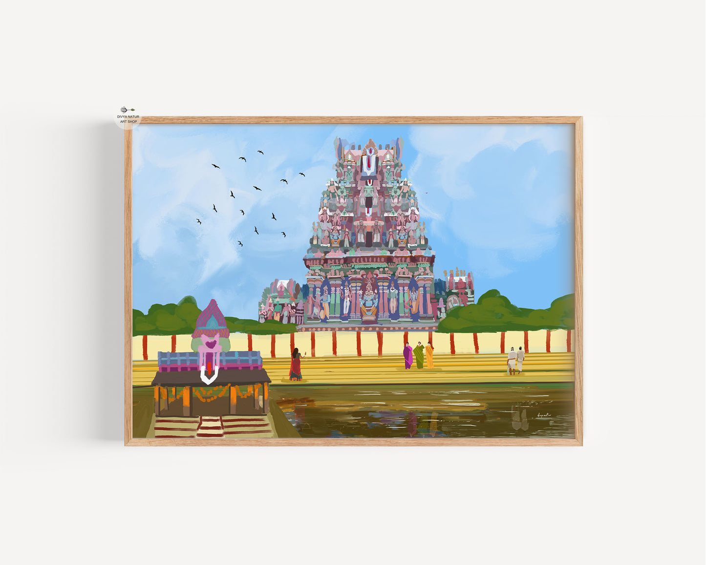 Chennai temple artwork showing Parthasarathy Temple and sacred pond