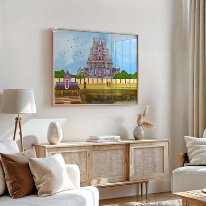 Tamil Nadu temple architecture artwork with colorful gopuram