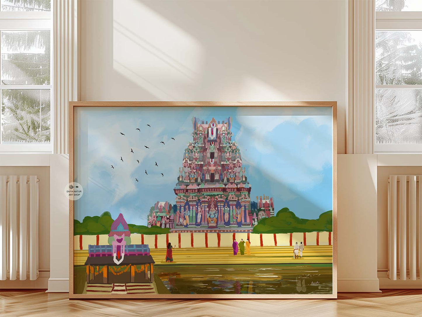 Illustration of Parthasarathy Temple Triplicane with temple tank and gopuram