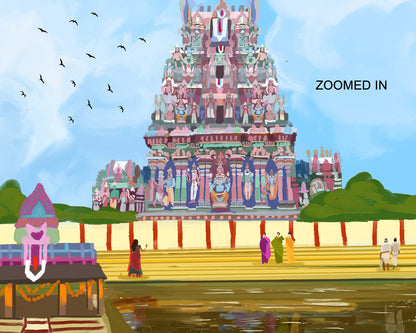 Triplicane temple wall art showing sacred pond and temple tower