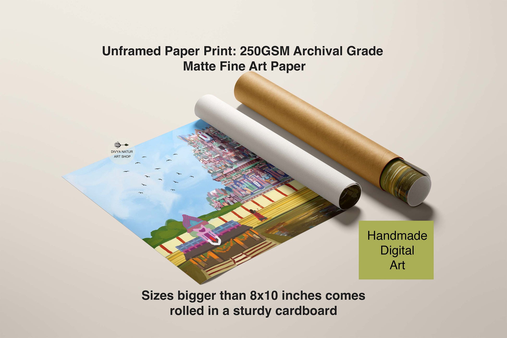 South Indian temple art print with devotees walking near temple tank