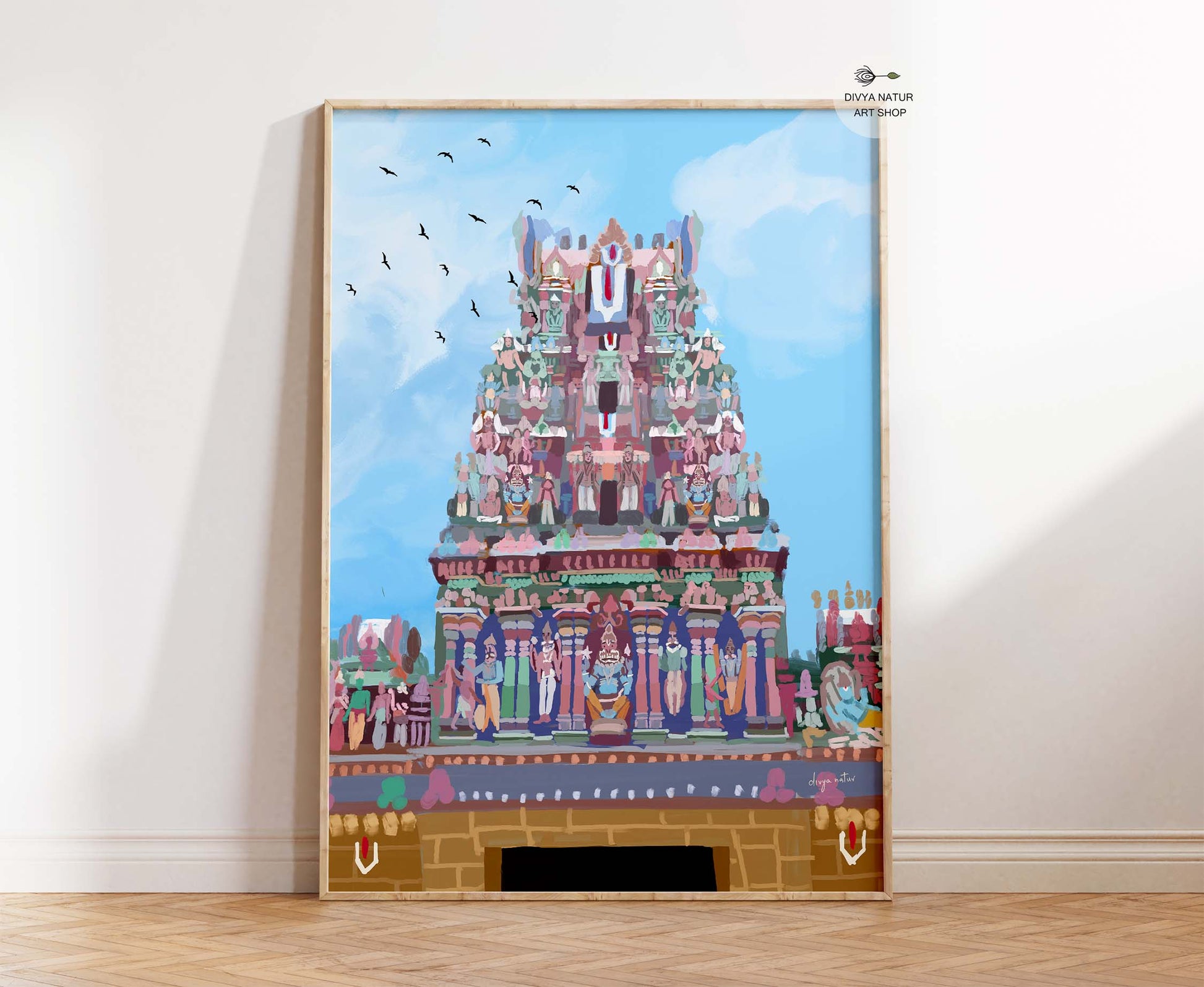 Parthasarathy Temple Chennai illustration art print with colorful Dravidian gopuram
