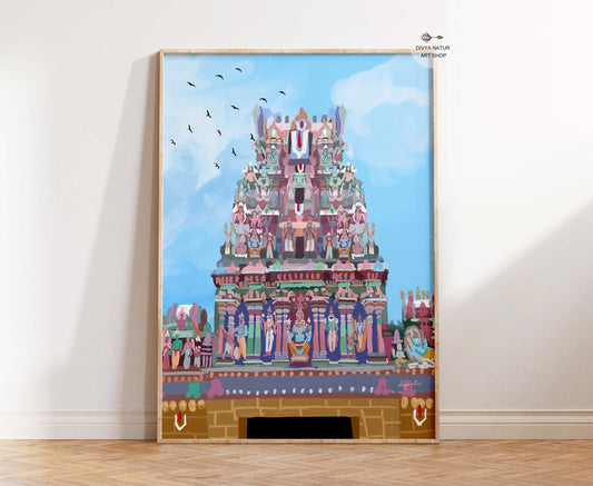 Parthasarathy Temple Chennai illustration art print with colorful Dravidian gopuram