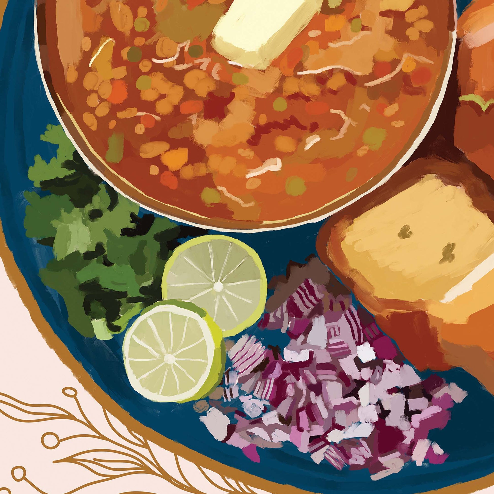 Pav bhaji wall art print in vibrant tones, Indian street food artwork for kitchen and dining decor.