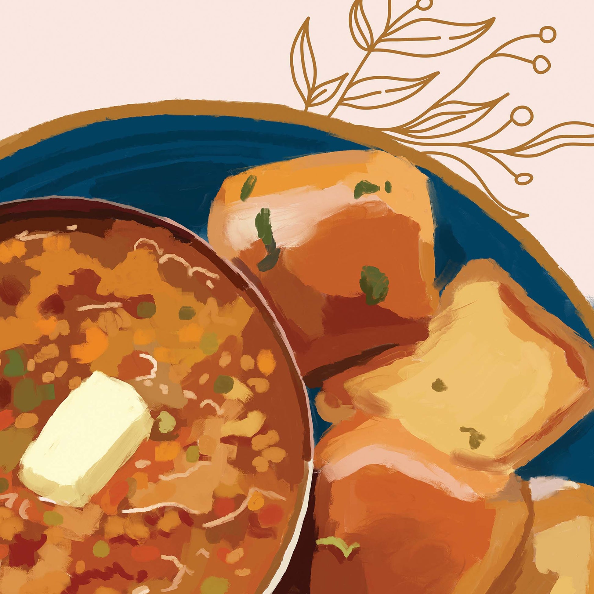 Fine art print of pav bhaji meal with buttered buns, cultural Indian artwork for home decoration.