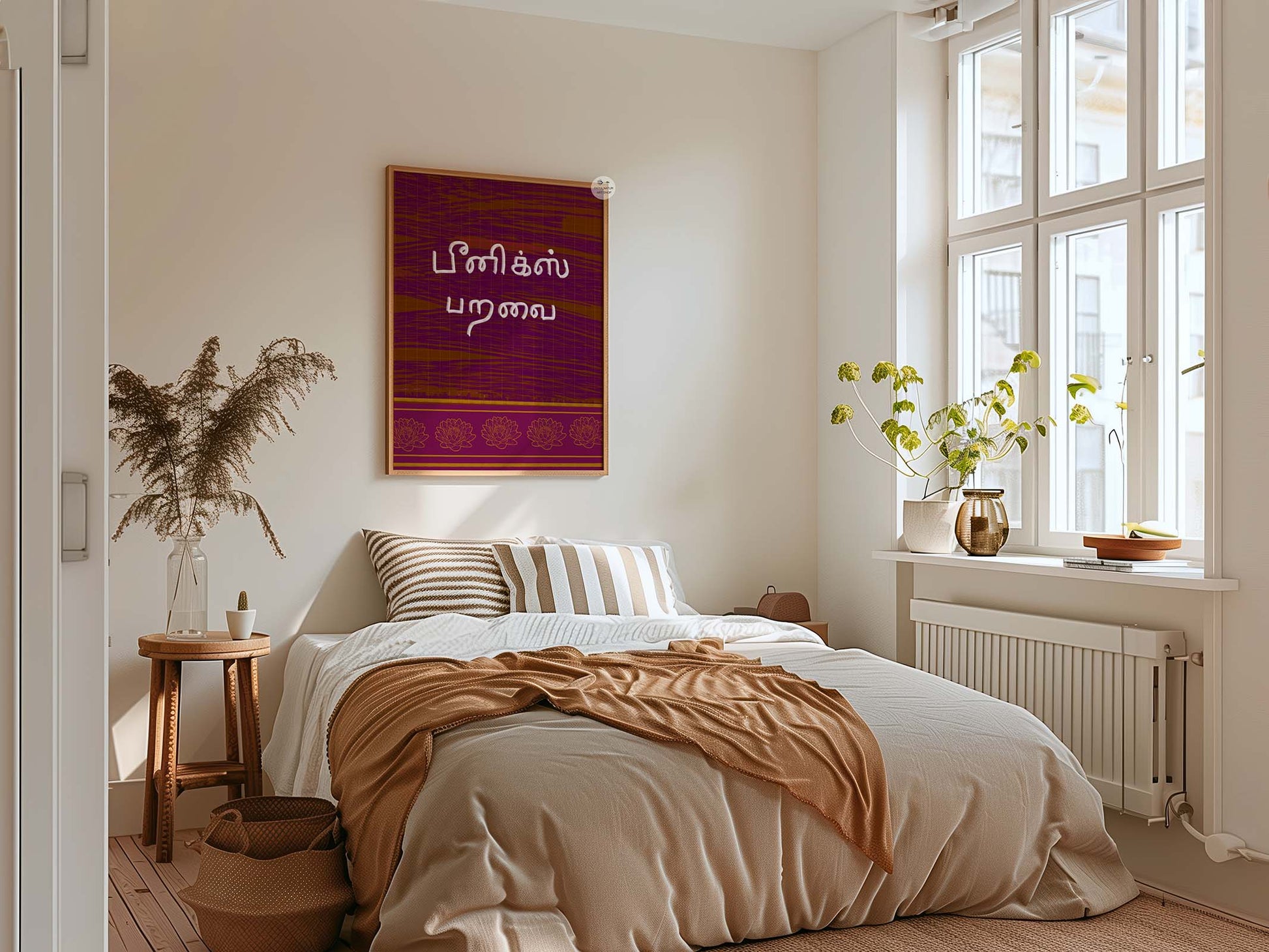 Tamil rebirth wall art with phoenix concept and rich textured background design
