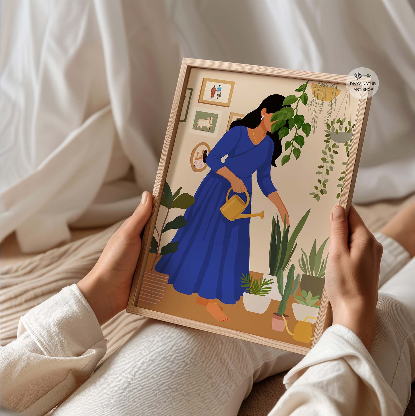 Indian lifestyle artwork of woman in blue dress caring for her plants