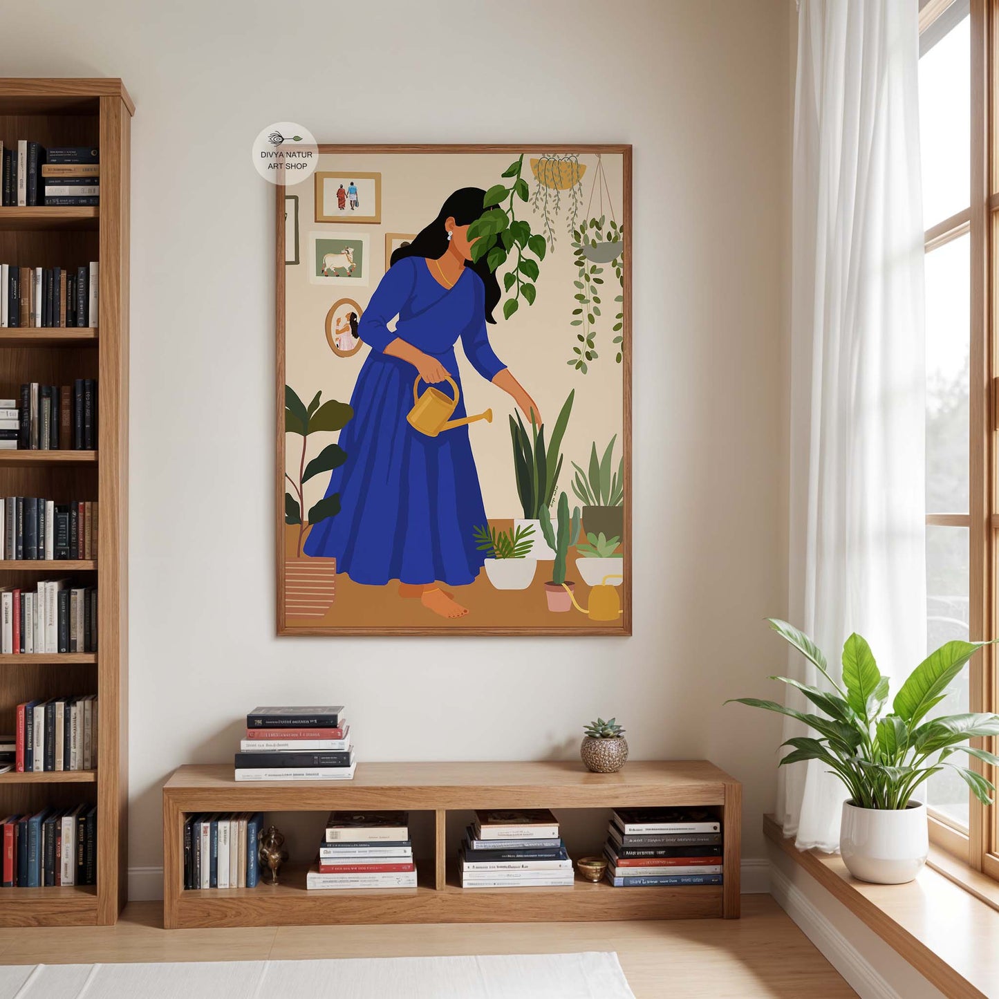 Vibrant art print of indoor gardening and mindful living scene