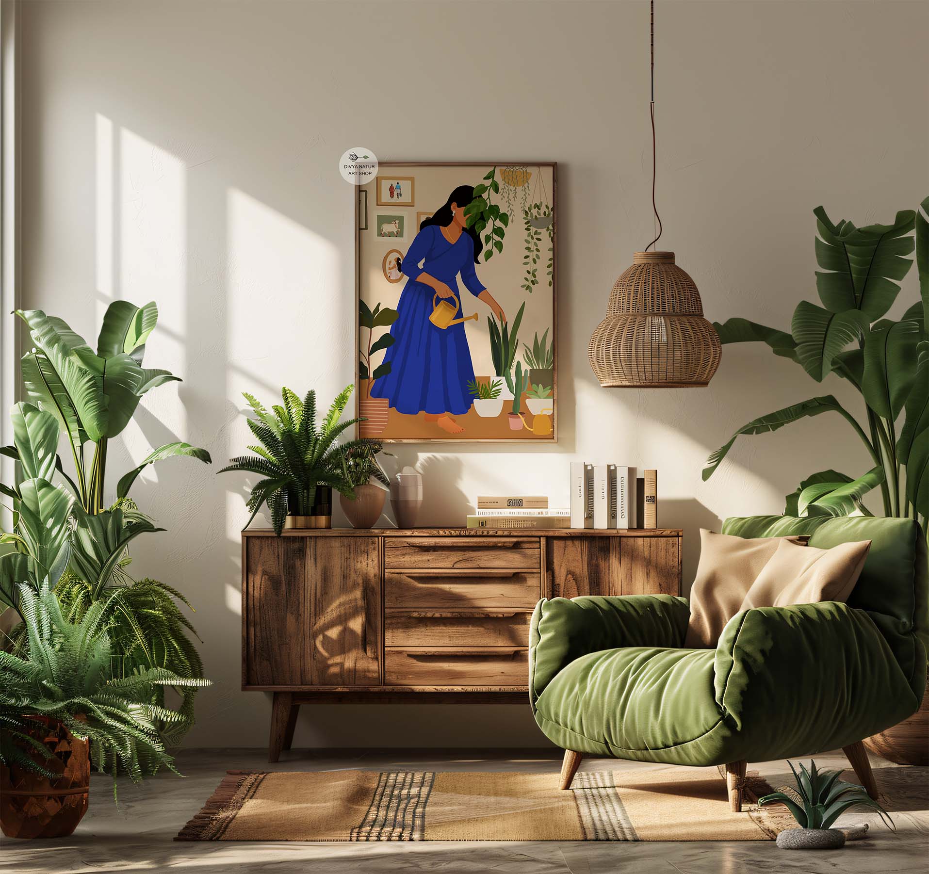 Cozy boho home decor illustration of woman with watering can and plants