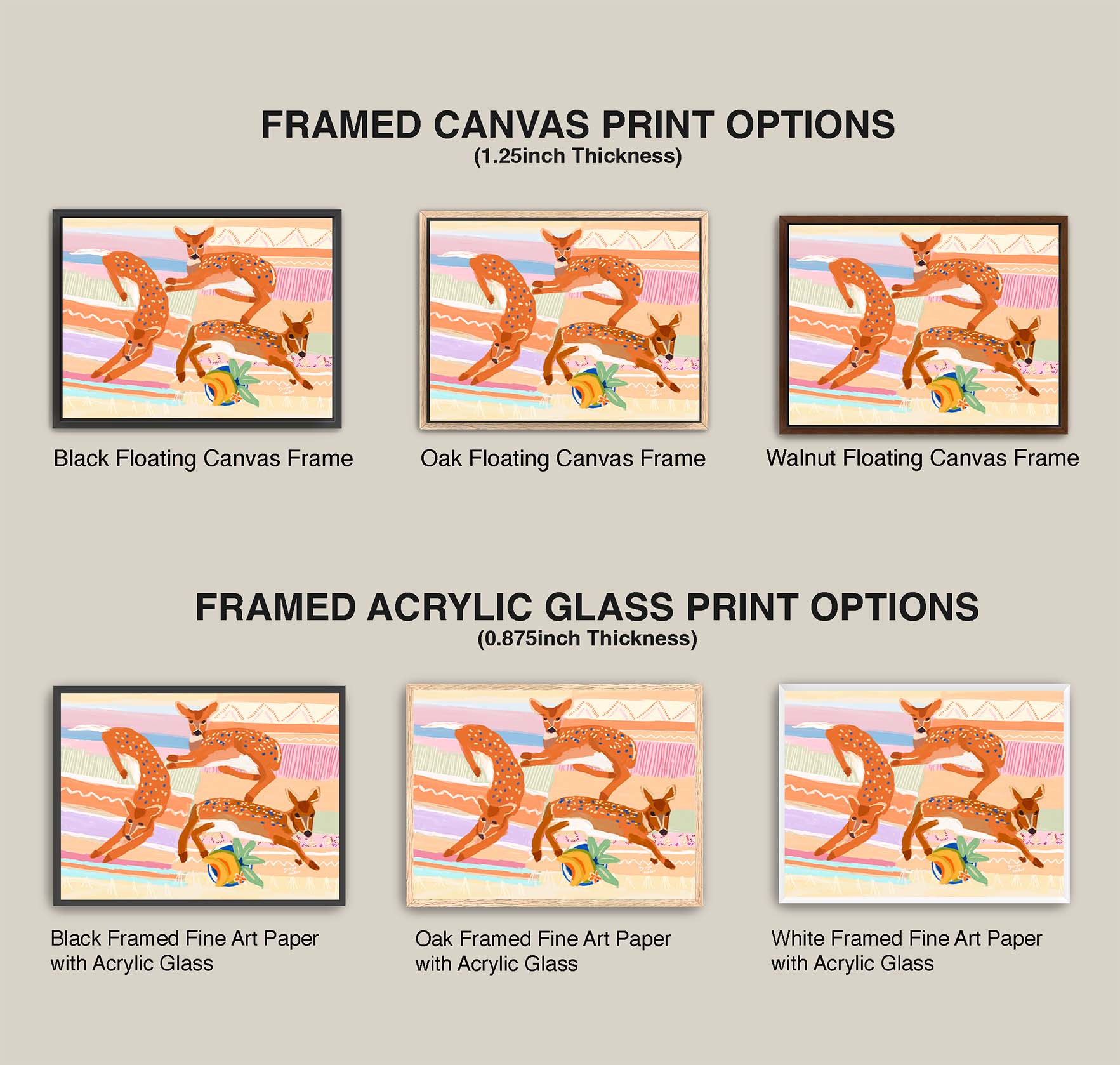 Comparison of framed canvas and acrylic glass print options with a deer illustration.