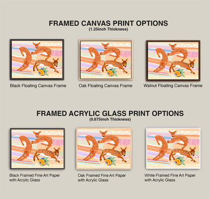 Comparison of framed canvas and acrylic glass print options with a deer illustration.