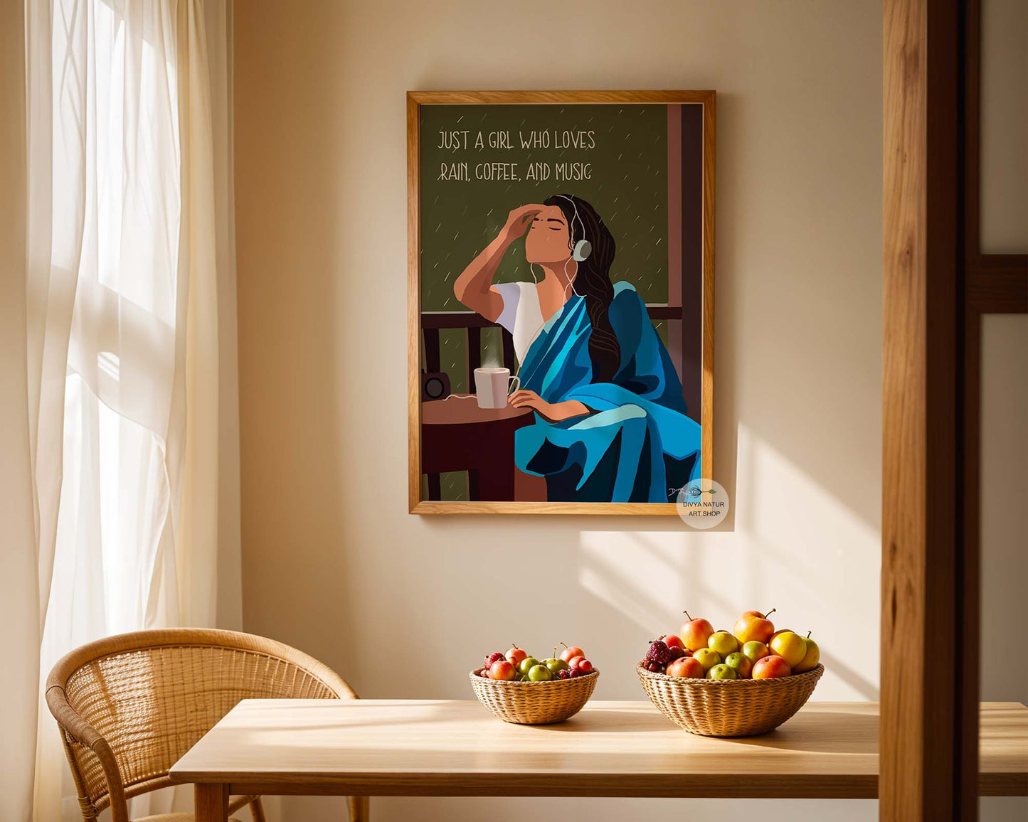 Hand-painted artwork of an Indian girl enjoying rain, coffee, and music.