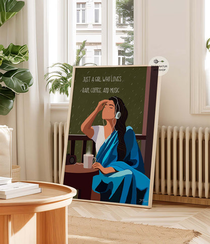 Traditional Indian girl art, sipping coffee and listening to music in the rain.