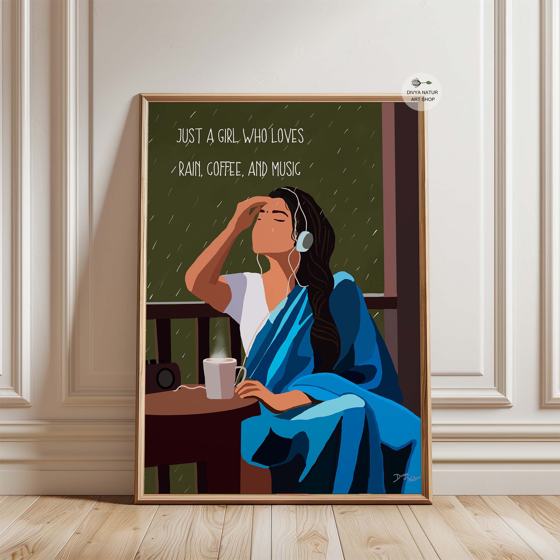 Peaceful painting of an Indian girl with coffee, enjoying the rainy day.