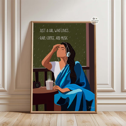 Peaceful painting of an Indian girl with coffee, enjoying the rainy day.