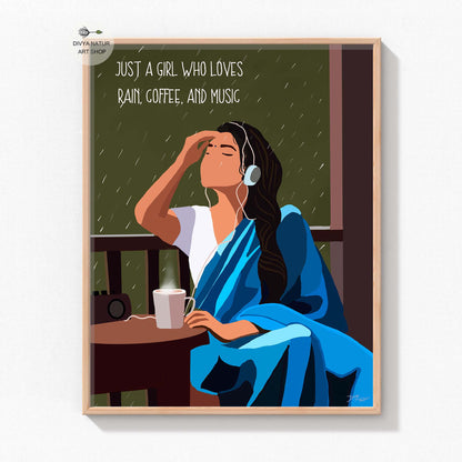 Indian girl painting, relaxing in the rain with coffee and music.