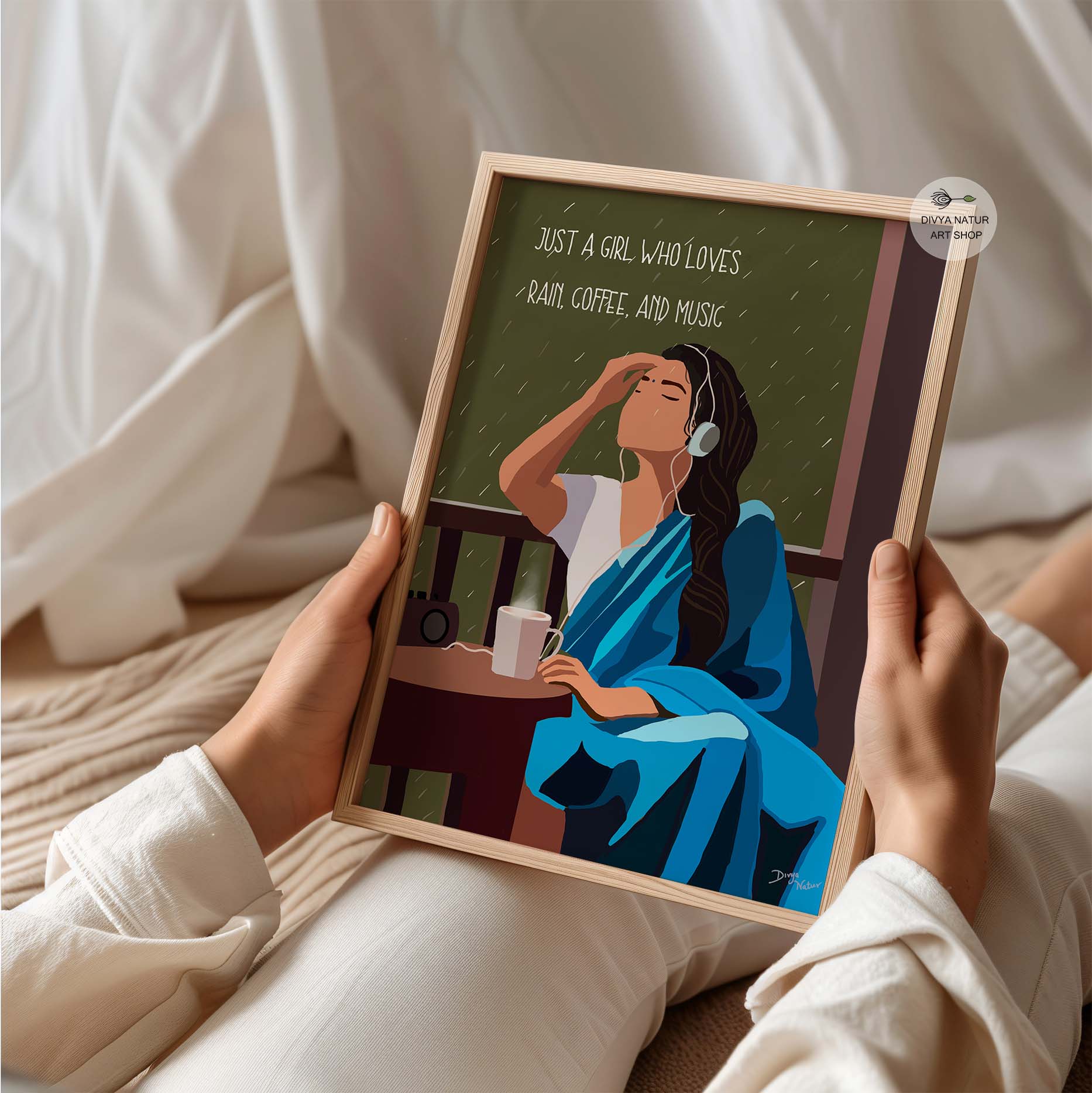 Artistic depiction of an Indian girl with coffee, enjoying the rain and music.