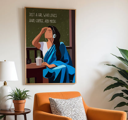 Indian girl artwork, lost in the rain, with a cup of coffee and music.