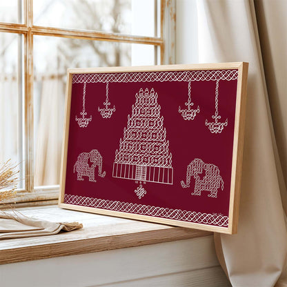 South Indian temple kolam art print with elephants and ornate border patterns