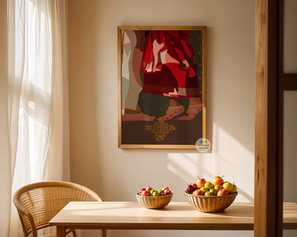 Romantic Indian couple wall art featuring a woman in a flowing red saree standing intimately beside her partner