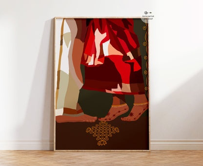 Contemporary Indian romance art showing the feet and traditional clothing of a couple standing closely together