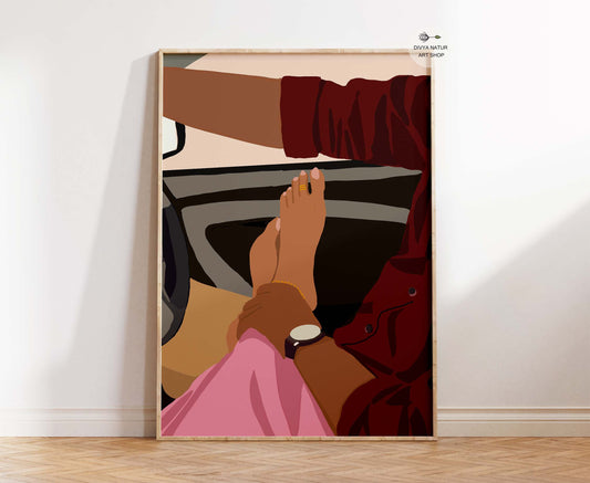 Romantic couple car moment artwork with woman resting foot on partner lap minimal style
