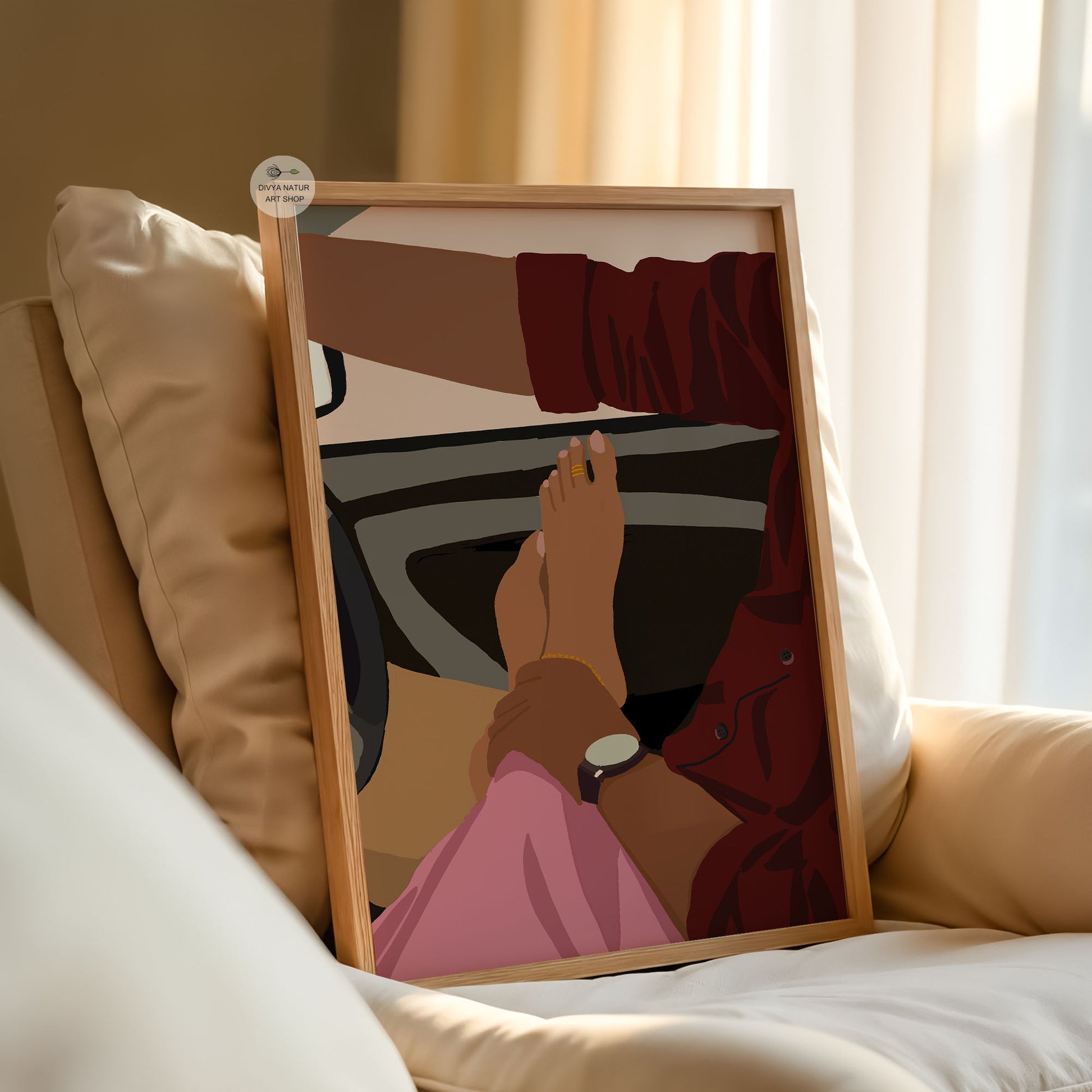 Modern romantic wall art with warm tones and cozy couple interaction
