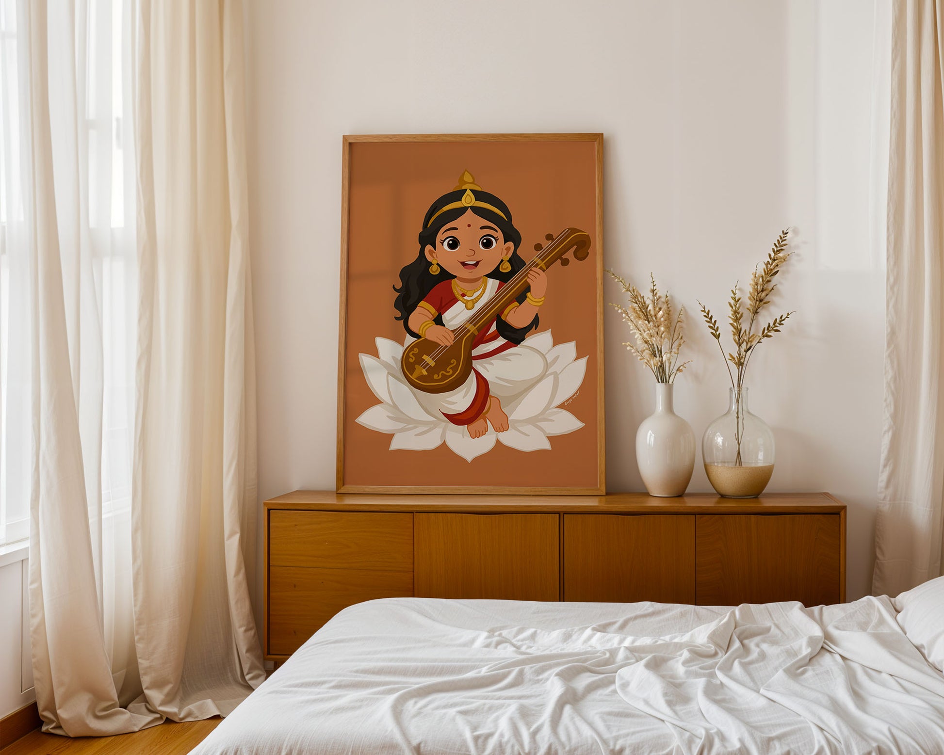Saraswati Devi child form artwork on lotus, vibrant Indian goddess fine art print