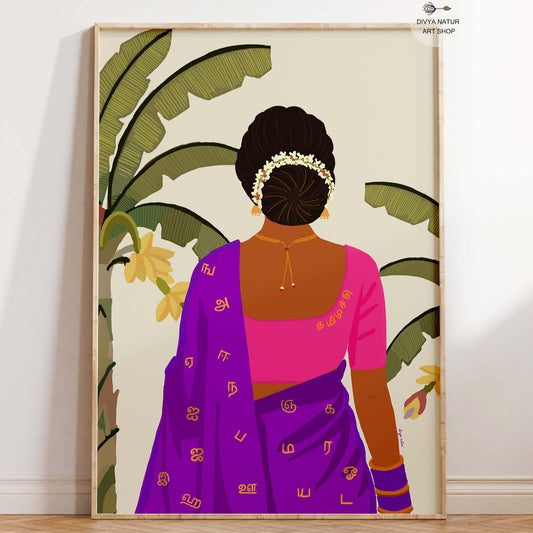 Tamil woman in purple saree with Tamil alphabets and jasmine bun.